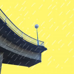 Half a bridge with railings and lantern against a yellow background.